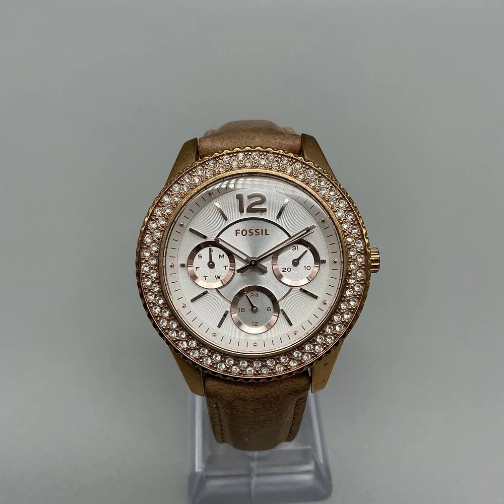 Fossil ES3816 Womens Watch 37mm Silver Tone Crystals Brown Leather New Battery